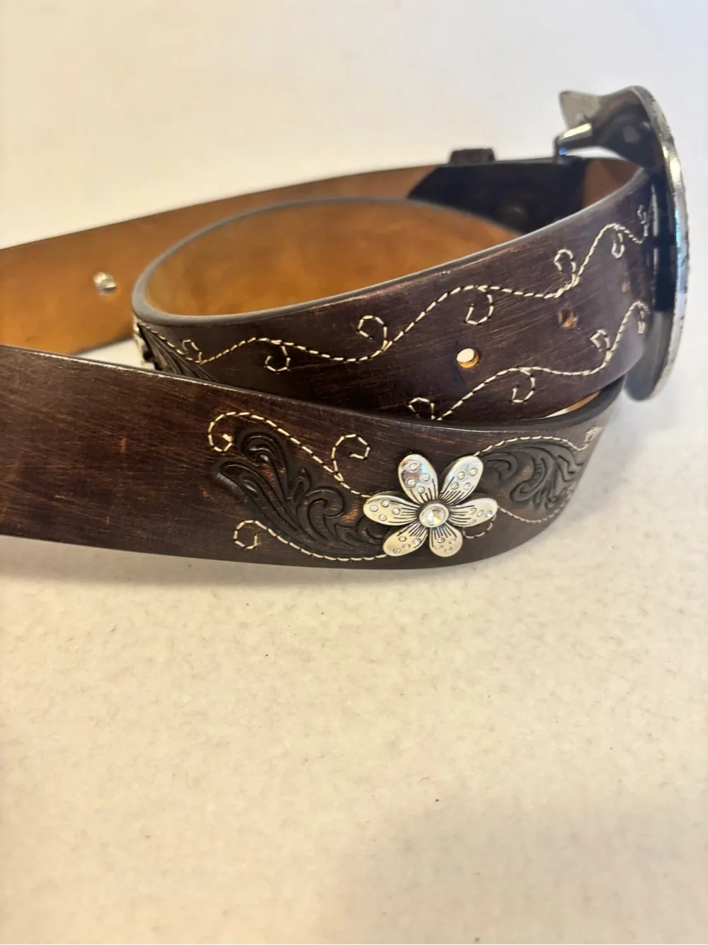 Justin 125 Year Western Leather Belt Rhinestone Buckle Floral Size 40